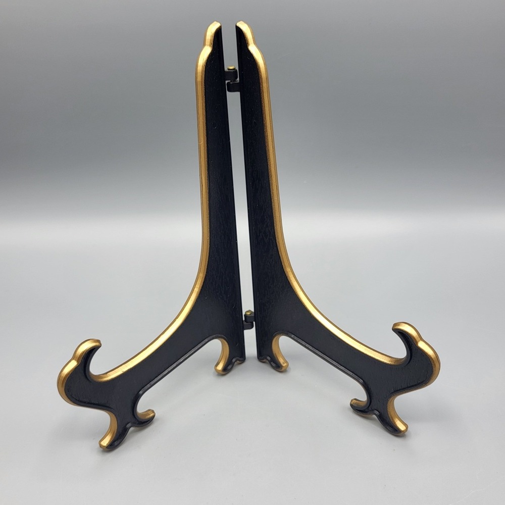 Vtg Plate Display Stand Home Decor 8 Inch Folding Easel Black Gold Trim Plastic